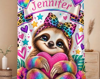 Personalized Kids Blanket, Colorful Sloth Blanket for Girls, Custom Name Velveteen Throw, Rainbow Animal Gift, Girl Bedroom Decor