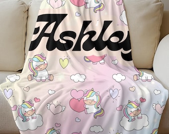 Personalized Unicorn Blanket for Girls, Kawaii Name Blanket, Custom Pastel Rainbow Blanket, Cute Toddler Gift, Soft Minky Velveteen Throw