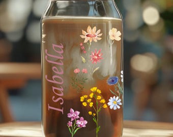 Wildflower Personalized Sipper Glass Cup, Custom Name Floral Drinkware with Bamboo Lid & Straw, Aesthetic Boho Iced Coffee Gift for Her