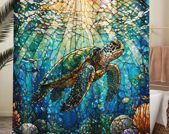 Sea Turtle Stained Glass Shower Curtain, Coastal Ocean Bathroom Decor, Beach House Bath Curtain, Nautical Turtle Art, Teal Blue Bathroom