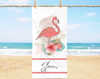 Personalized Flamingo Beach Towel, Tropical Custom Name Towel for Kids or Adults, Summer Pool Gift, Pink Floral Coastal Decor