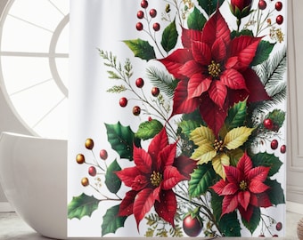 Floral Christmas Shower Curtain Home Decor Housewarming Gift, Christmas Bathroom Curtain, Holiday Home Decor, Botanical Bathroom Accessory