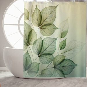 Green Leaf Shower Curtain Housewarming Gift, Botanical Bath Decor, Boho Shower Curtain, Plant Shower Curtain, Modern Leaves Bathroom Decor