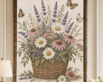 Cottagecore Floral Wall Tapestry, Wildflower Basket Wall Hanging, Vintage Botanical Decor, Feminine Cottage Wall Art, Rustic Garden Tapestry
