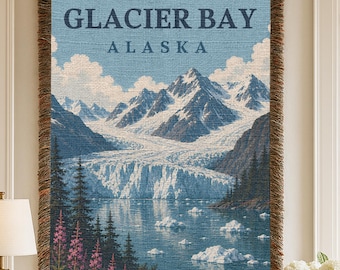 Glacier Bay Alaska Woven Wall Tapestry, Vintage National Park Wall Art, Travel Decor, Mountain Landscape Adventure Home Decor