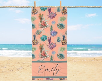 Succulent Beach Towel with Name, Custom Boho Floral Towel for Summer, Personalized Gift for Her, Pool, Spa or Vacation Travel