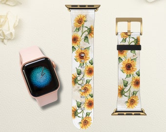 Sunflower Apple Leather Watch Band Birthday Gift for Her, Fall Floral Watch Strap, Apple Watch Compatible 38/40/41/45 mm Series1-9 Ultra SE