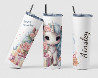 Unicorn Tumbler Custom Coffee Travel Tumbler Kids Birthday Cup, Personalized Cute Beautiful Unicorn Tea Tumbler Mom Gift