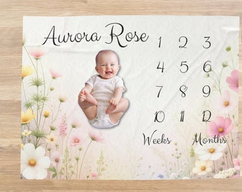 Wildflower Milestone Blanket for Baby Shower Gift, Personalized Wildflower Baby Girl Milestone Blanket, Custom Monthly Milestone Baby Gift