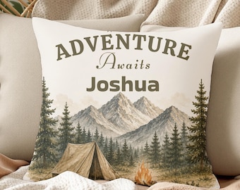 Personalized Adventure Pillow, Adventure Awaits Pillow for Boys Room Decor, Camping Nursery Pillow, Woodland Mountain Throw Pillow