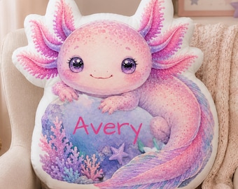 Personalized Axolotl Pillow, Cute Axolotl Gift for Girls, Pastel Fantasy Room Decor, Kawaii Plush Cushion, Custom Name Kids Pillow