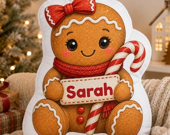 Personalized Gingerbread Pillow, Custom Name Christmas Pillow, Gingerbread Girl Gift for Kids, Holiday Nursery Decor