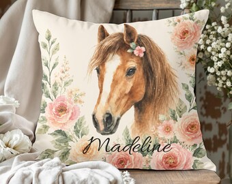 Personalized Floral Horse Girl Pillow for Girls Bedroom, Watercolor Cowgirl Cushion Decor, Nursery Accent Gift for Horse Lover