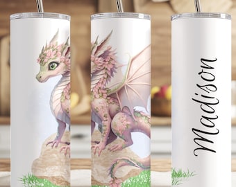 Dragon Tumbler | Fantasy Dragon Tumbler | Floral Dragon Cup | Pink Dragon Gift | Mythical Creature Travel Cup | Dragon Lover Gift