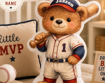 Personalized Baseball Bear Shaped Pillow, Custom Bedroom Throw Pillow for Boys, Sports Nursery Decor, Baby Shower Gift