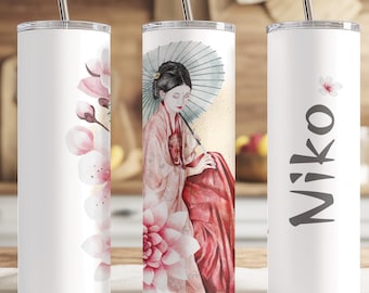 Japanese Art Tumbler | Elegant Asian Woman Cup | Floral Aesthetic Tumbler | Personalized Name Tumbler | Artistic Travel Mug