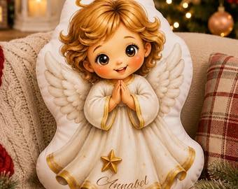 Personalized Christmas Angel Shaped Pillow, Christian Kids Faith Christmas Gift, Angel Nursery Decor, Religious Plush Cushion
