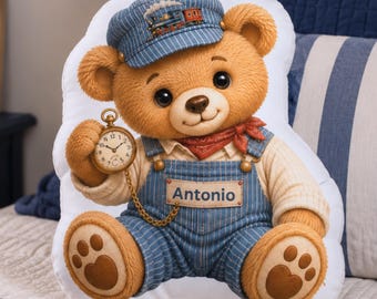 Personalized Train Teddy Bear Pillow, Train Engineer Gift for Kids, Baby Shower Custom Name Bear, Train Nursery Decor, Birthday Gift