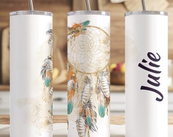 Personalized Dreamcatcher Tumbler | Boho Feather Cup | Custom Name Tumbler | Boho Gift | Aesthetic Water Bottle