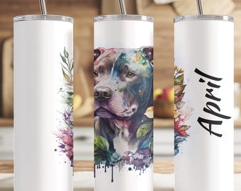Pitbull Tumbler | Dog Lover Gift Cup | Floral Dog Art Tumbler | Personalized Pet Stainless Steel Tumbler | Animal Lover Mug