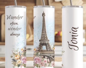 Paris Travel Custom Coffee Tumbler Cup Traveler Gift, Personalized Paris Vintage Travel Floral Tumbler Mug Cup Women Birthday Gift