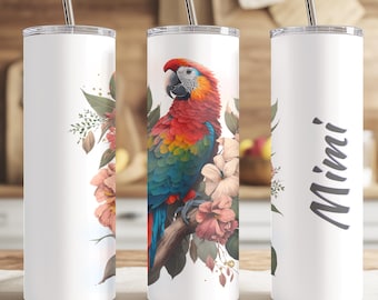 Macaw Parrot Tumbler, Custom Parrot Coffee Tumbler Cup Gift for Parrot Lover, Personalized Red Parrot Bird Tea Tumbler Cup Gift for Mama
