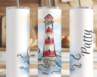 Lighthouse Tumbler, Custom Red or Blue Lighthouse Image Coffee Tumbler Mug Gift for Birthday, Personalized Watercolor Lighthouse Tumbler Cup
