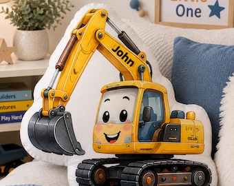 Construction Truck Pillow for Boys, Excavator Shaped Pillow, Toddler Boy Room Decor, Bulldozer Cushion, Construction Gift for Kids