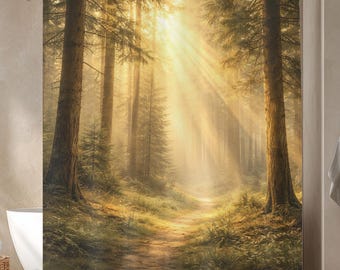 Forest Shower Curtain, Rustic Woodland Decor, Nature Bathroom Curtain, Cabin Style Bath Decor, Sunlight Trees Design