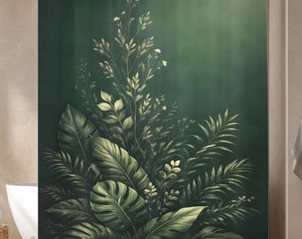 Moody Botanical Shower Curtain, Dark Green Jungle Leaf Bathroom Decor, Spa Bath Decor, Luxury Floral Bathroom, Modern Nature Bathroom
