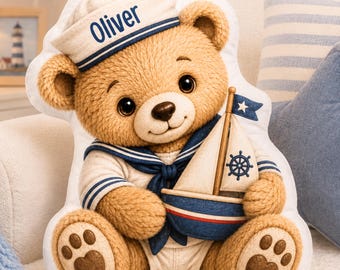 Personalized Sailor Teddy Bear Pillow, Custom Nautical Bear Plush, Baby Shower Gift, Nautical Nursery Decor, Kids Keepsake