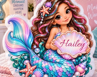 Custom Mermaid Pillow, Personalized Kids Pillow for Girls, Mermaid Gift with Name, Personalized Mermaid Room Decor