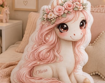 Personalized Horse Pillow, Coquette Pony Girl Gift, Custom Name Pony Pillow, Cute Horse Bedroom Decor, Pink Floral Horse Lover Gift