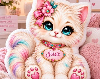 Personalized Kids Pillow, Kitten Shaped Pillow for Girls, Personalized Cat Pillow, Cute Kitty Gift, Custom Animal Pillow