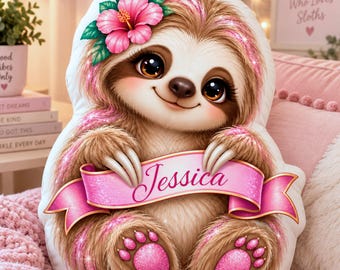 Personalized Kids Pillow, Sloth Shaped Pillow for Girls, Custom Animal Pillow, Personalized Sloth Gift, Pink Glitter Room Decor