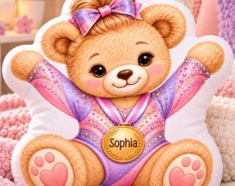 Custom Pillow, Personalized Gymnastics Gift, Gymnast Teddy Bear, Custom Name Pillow, Gymnastics Birthday Gift for Girl