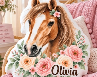 Personalized Kids Pillow, Custom Horse Pillow with Name, Floral Horse Shaped Pillow, Personalized Horse Gift for Girls