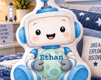 Personalized Kids Pillow, Custom Name Robot Pillow, Shaped Nursery Cushion, Toddler Boy Gift, Cute Robot Room Decor
