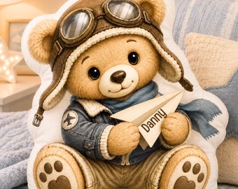 Personalized Pilot Teddy Bear Pillow, Custom Aviator Bear Plush, Airplane Nursery Decor, Baby Shower Gift, Kids Keepsake