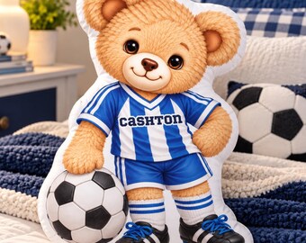 Custom Pillow, Personalized Soccer Gifts for Kids, Soccer Bear Pillow with Name, Custom Jersey Color
