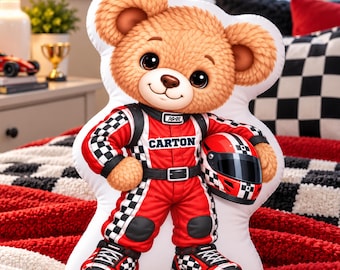 Custom Pillow, Personalized Race Car Driver Bear, Teddy Bear Shaped Pillow with Name, Racing Birthday Gift for Boys