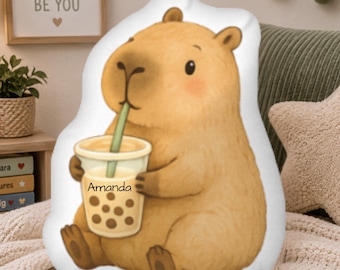Capybara Shaped Pillow, Cute Capybara Plush Cushion, Cozy Animal Room Decor, Kawaii Boba Tea Pillow, Gift for Capybara Lover
