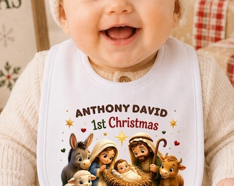 Personalized First Christmas Baby Bib, Nativity Baby Jesus Bib, Religious 1st Christmas Gift, Christian Baby Keepsake