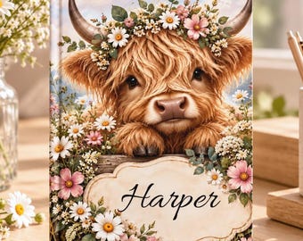 Personalized Notebook, Personalized Journal for Women, Custom Name Journal, Cow Themed Notebook, Highland Cow Stationery, Lined or Blank