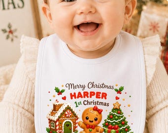 Personalized First Christmas Baby Bib, Gingerbread Baby's First Christmas Outfit, Custom Christmas Baby Holiday Gift, Christmas Keepsake