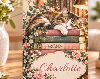 Personalized Notebook, Personalized Journal for Women, Custom Name Journal, Bookish Notebook, Floral Cat Journal, Lined or Blank