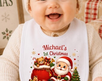Personalized First Christmas Baby Bib, Santa Toy Sack Bib, Custom Baby's 1st Christmas Bib, Baby Shower Holiday Keepsake Gift