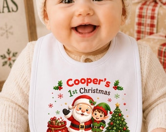 Personalized First Christmas Baby Bib, Santa and Elf Baby Bib, Custom Baby's 1st Christmas Bib, Personalized Holiday Baby Christmas Keepsake