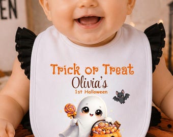 First Halloween Baby Bib, Personalized Halloween Bib, Trick Or Treat Bib, Baby Ghost Bib, Custom Baby Halloween Gift, Baby's First Halloween