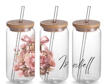 Floral Girly Custom 16oz Glass Iced Coffee Tumbler Birthday Cup, Personalized Cute Girly Vintage Perfume Glass Can Tumbler Cup Bamboo Lid